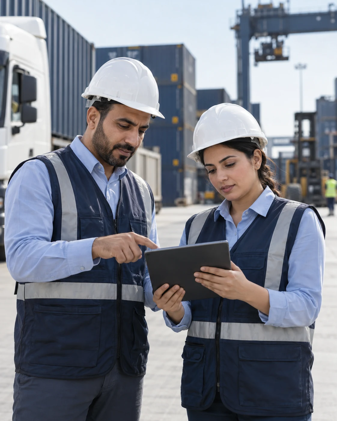 Two logistics coordinators reviewing a tablet at a container terminal
