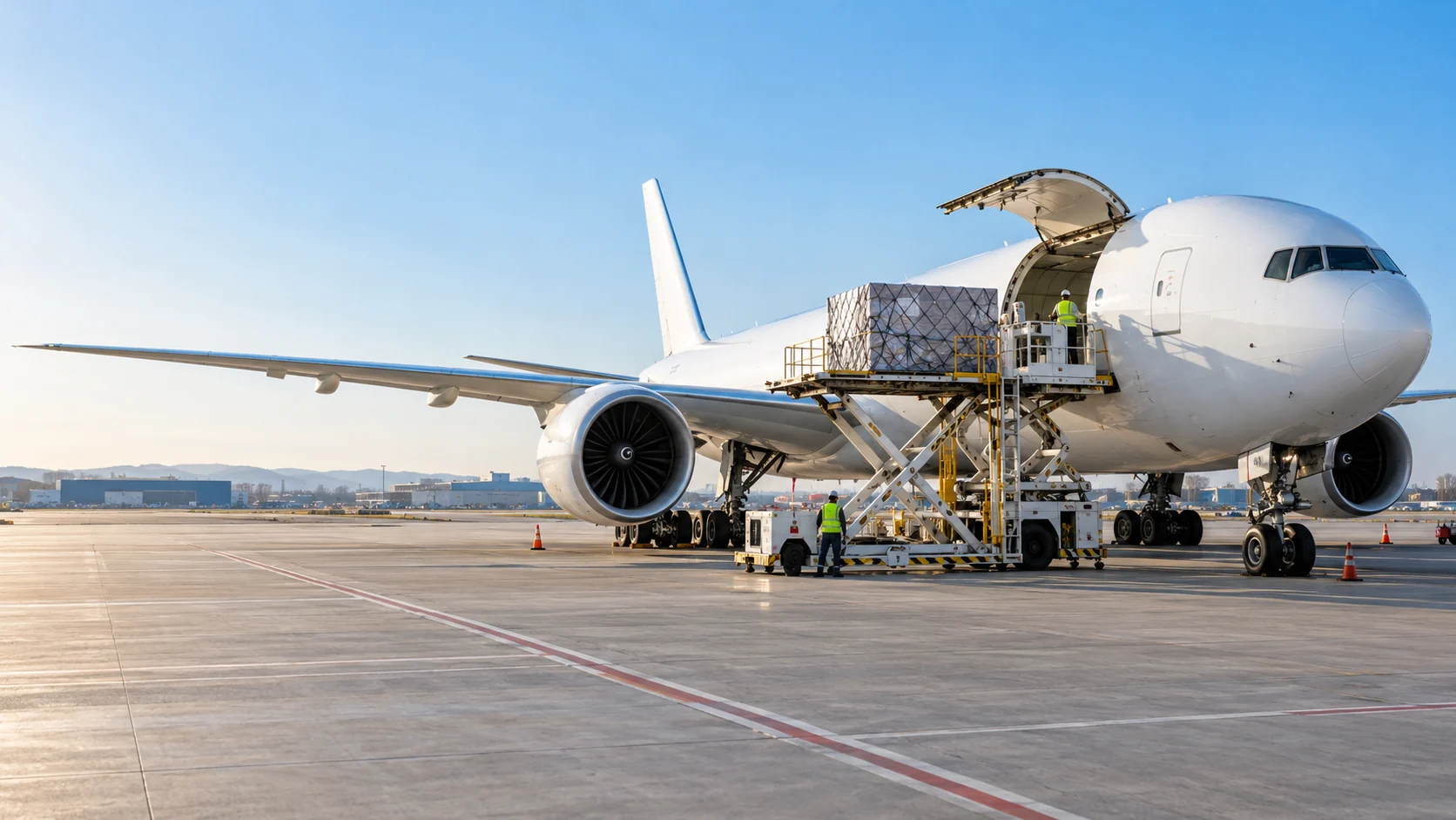 Cargo being loaded into a freight aircraft on an airport apron
