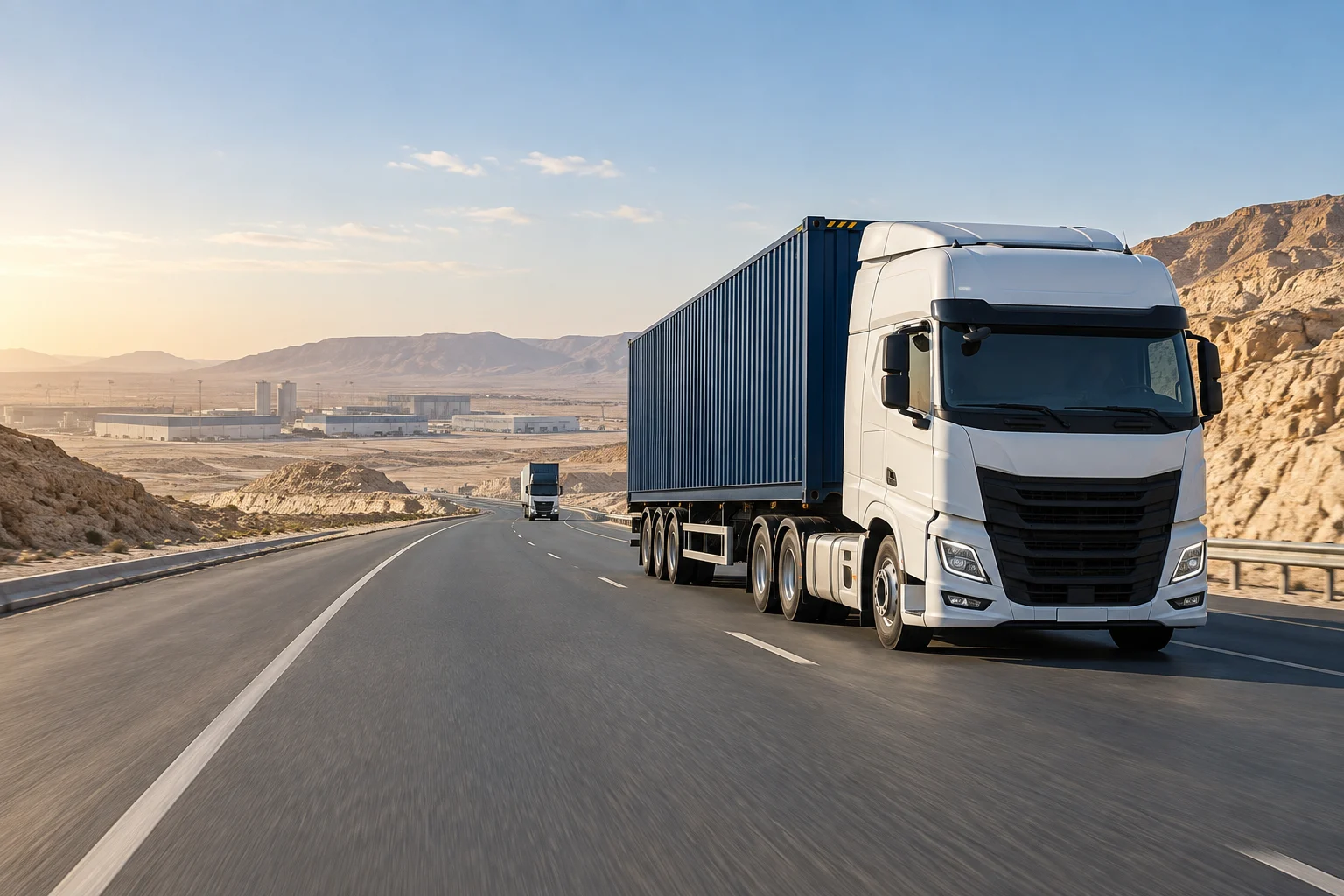 A freight truck carrying a container along a desert highway